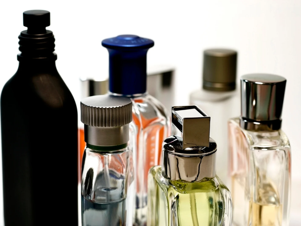 Collection of fragrance bottles.